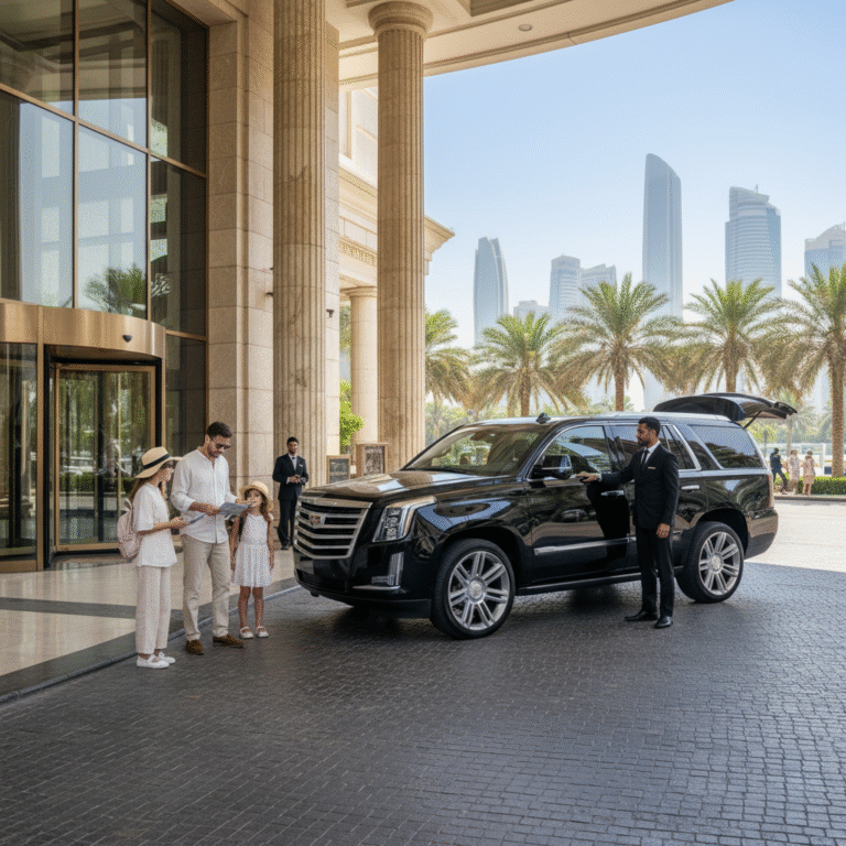 Limousine Dubai, desert safari transfer, luxury family travel, chauffeur service Dubai, executive transportation, Dubai family experience