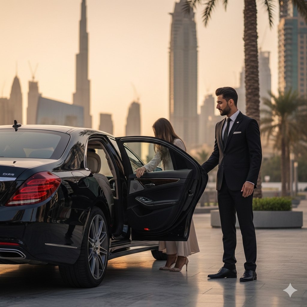 Dubai Limousine Service, luxury chauffeur fleet, executive sedan Dubai, Mercedes V-Class rental, VVIP transport Dubai, premium car features