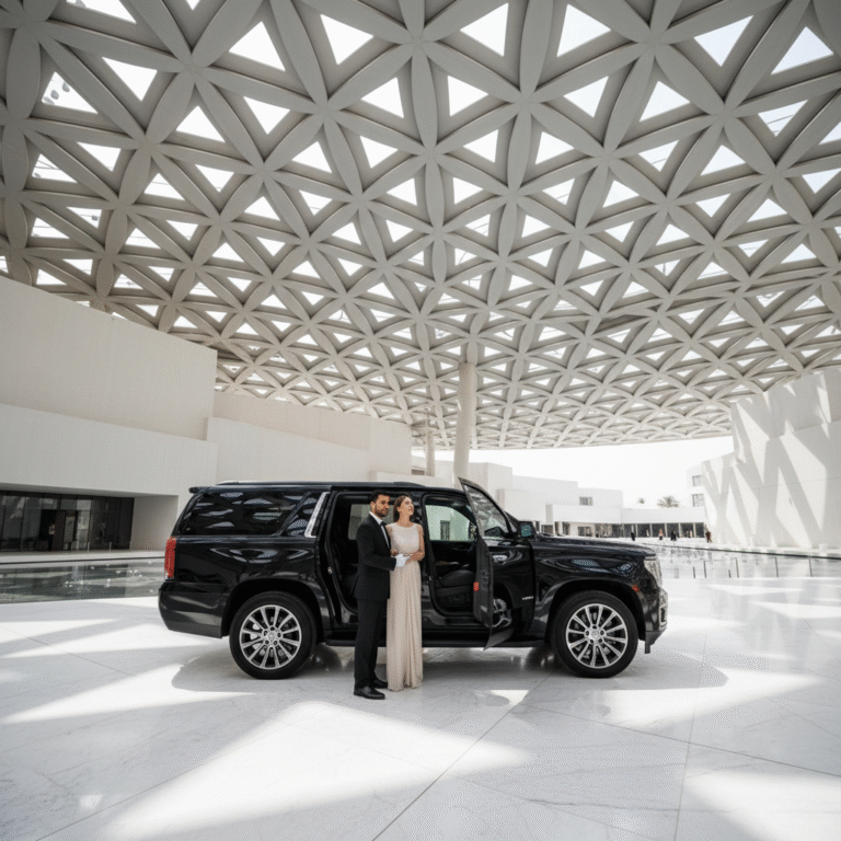 Private Chauffeur Service, Abu Dhabi landmarks, luxury transportation, professional driver, Abu Dhabi tour, Sheikh Zayed Grand Mosque, Louvre Abu Dhabi